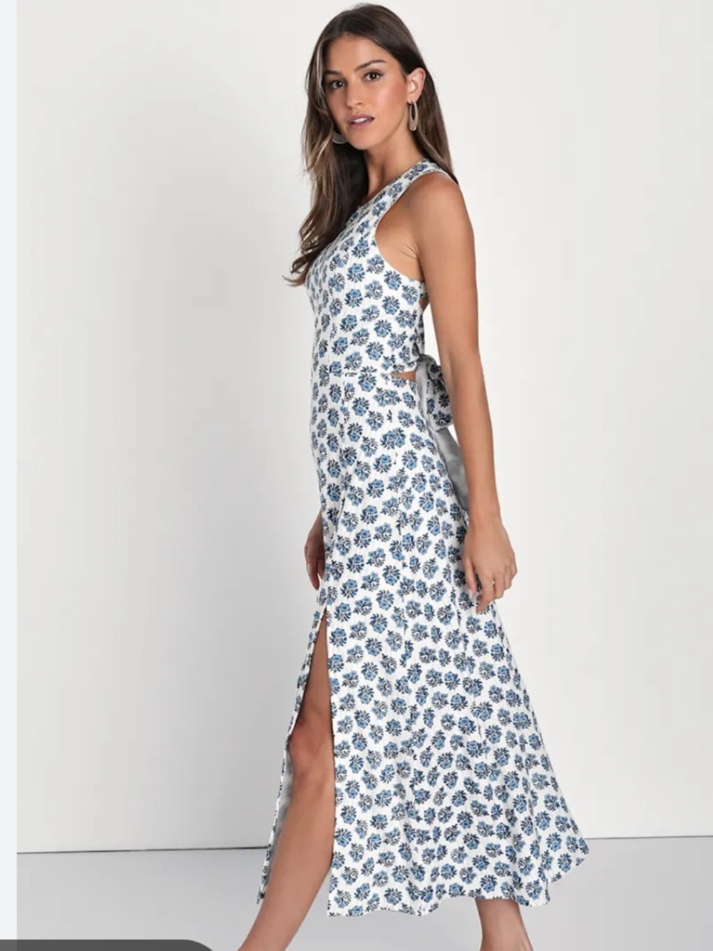 Lulu's White Maxi Dress with Blue Floral Print and Tie-Back